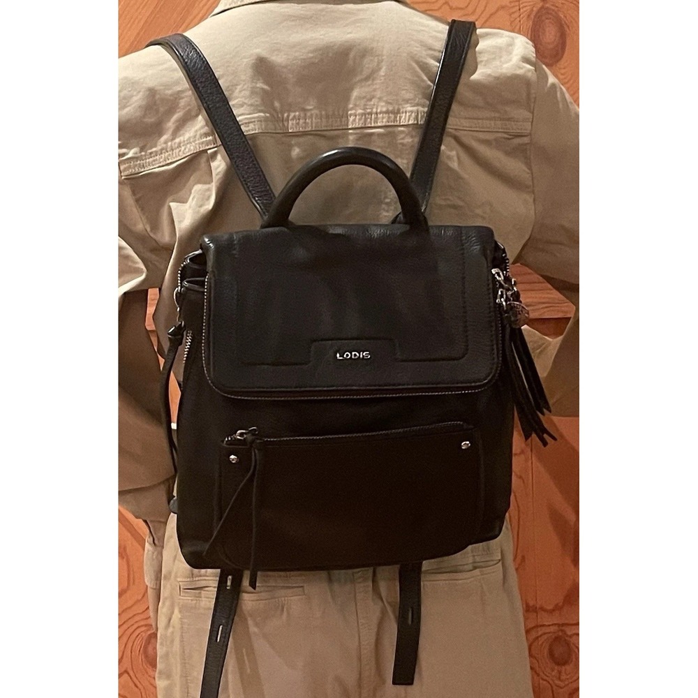 Lodis Black Pebbled Leather Laptop Backpack Work Commute Minimalist Travel